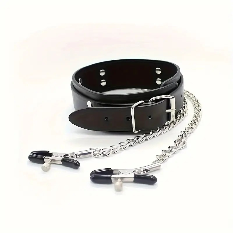 PU Leather Collar With Nipple Clamps BDSM