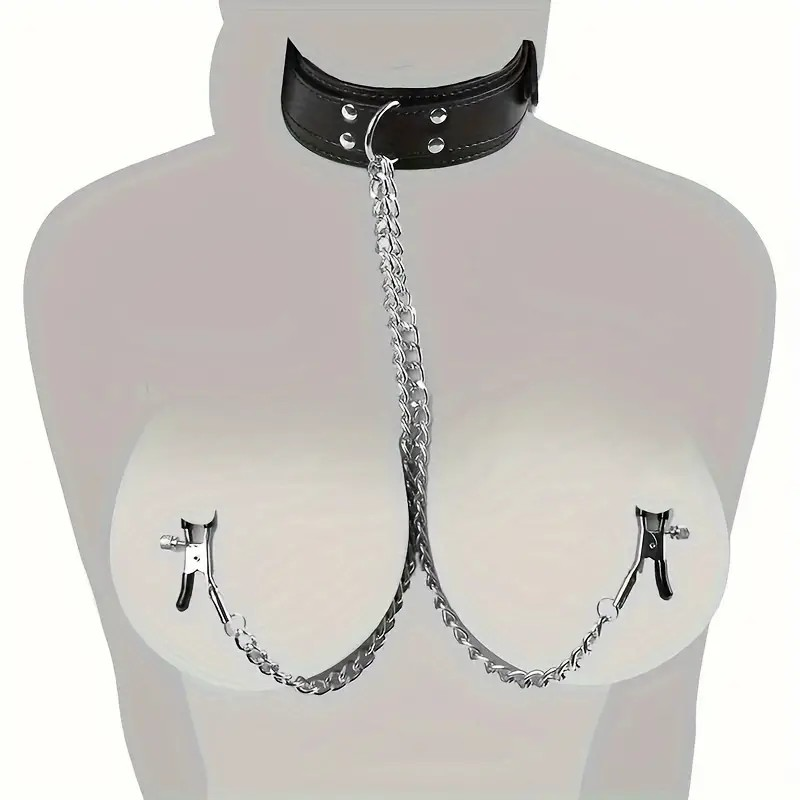 PU Leather Collar With Nipple Clamps BDSM