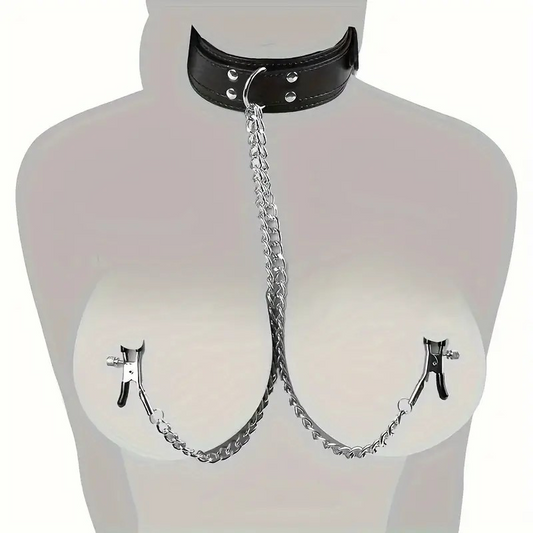 PU Leather Collar With Nipple Clamps BDSM