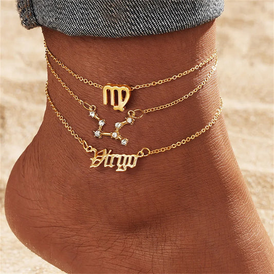 3Pcs/Set Gold Zodiac Ankle Bracelets