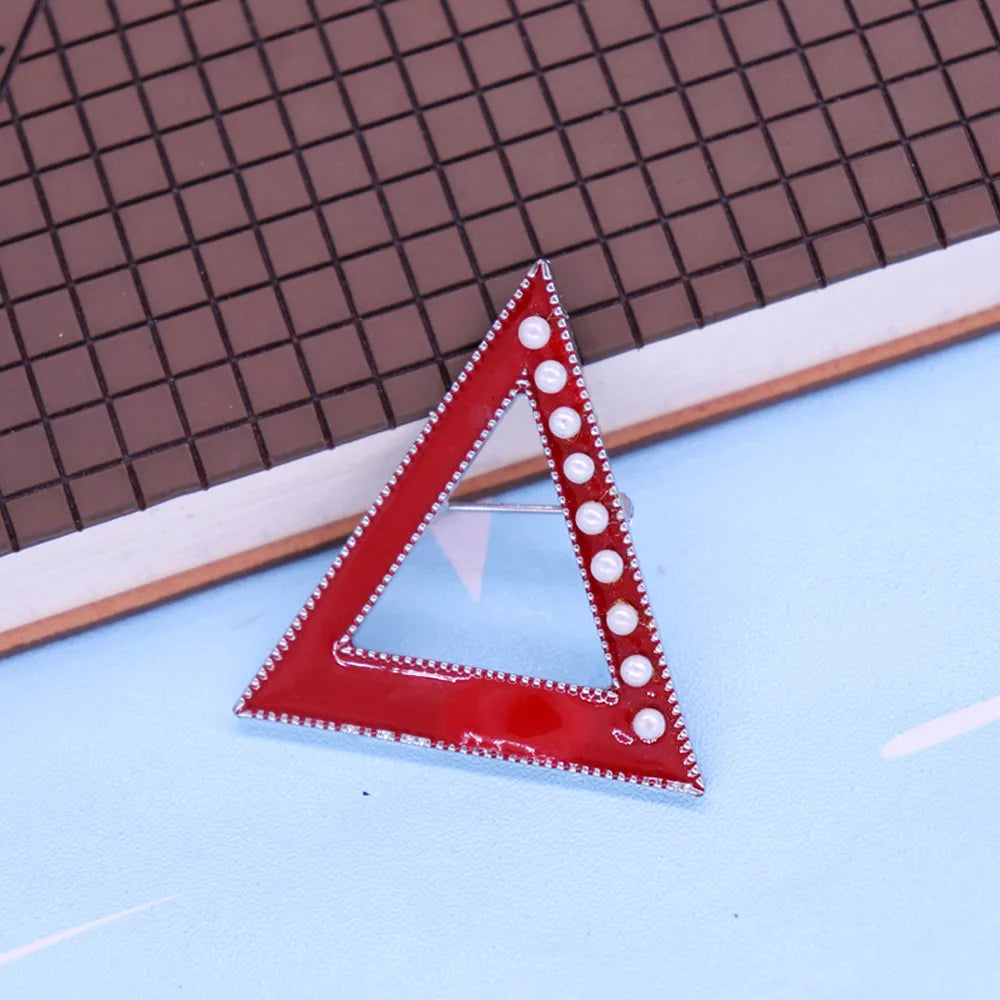 Red Enamel Imitation Pearl Triangles Brooch