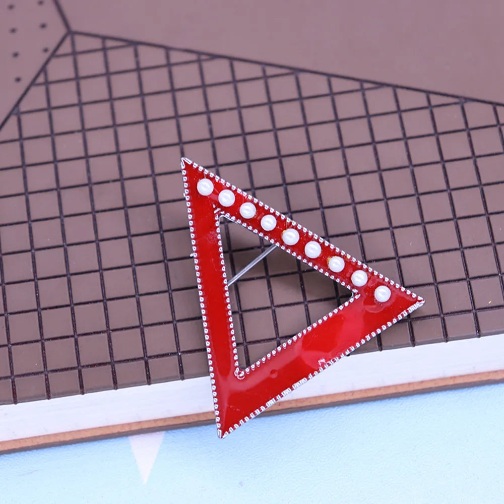 Red Enamel Imitation Pearl Triangles Brooch