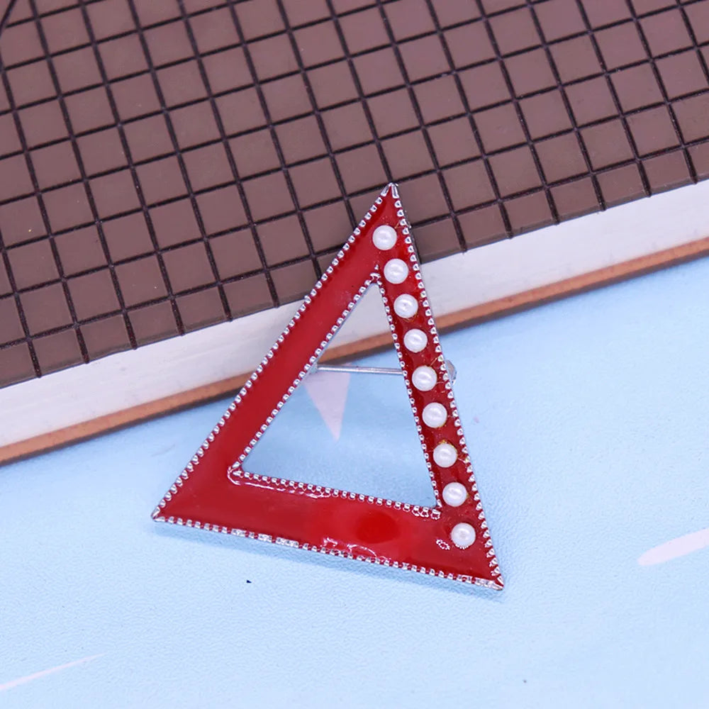 Red Enamel Imitation Pearl Triangles Brooch