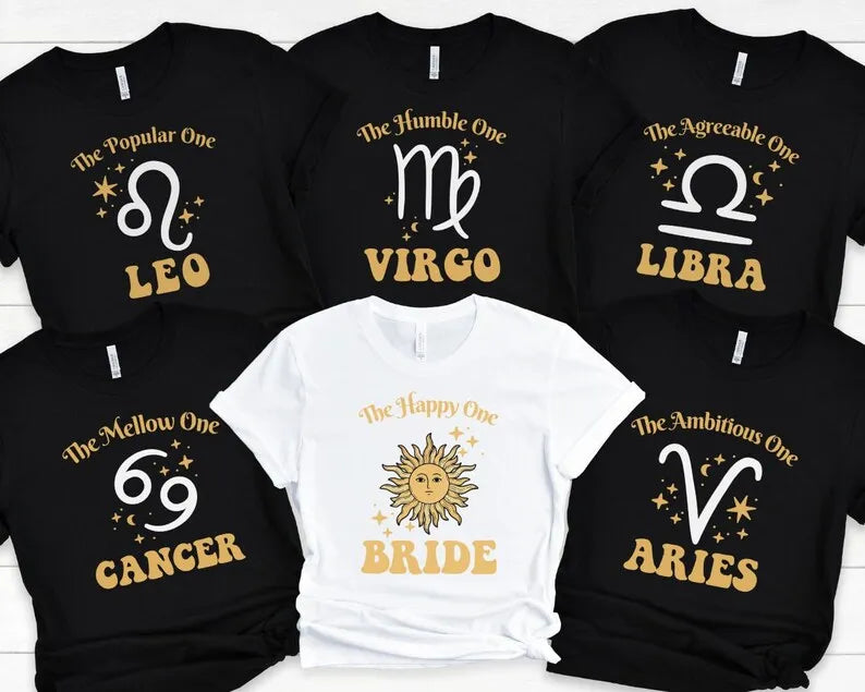Zodiac Sign tshirt, Celestial Group shirts Custom Zodiac sign Bachelorette Zodiac Sign Bridesmaid Short Sleeve Top Tees O Neck