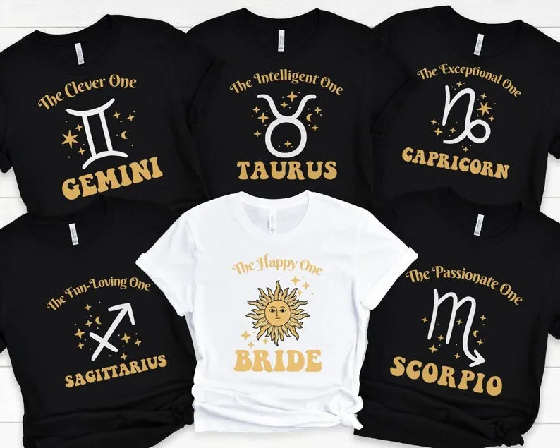 Zodiac Sign tshirt, Celestial Group shirts Custom Zodiac sign Bachelorette Zodiac Sign Bridesmaid Short Sleeve Top Tees O Neck
