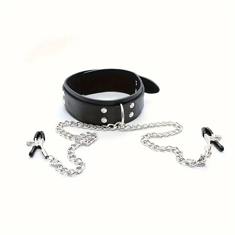 PU Leather Collar With Nipple Clamps BDSM